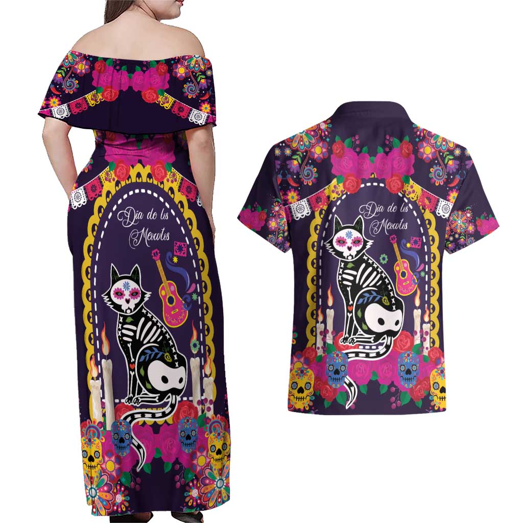 Mexico Day Of The Dead Couples Matching Off Shoulder Maxi Dress and Hawaiian Shirt Cat Skeleton Dia De Los Meowtos - Wonder Print Shop