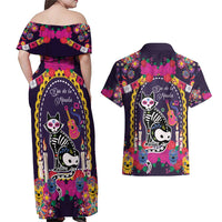 Mexico Day Of The Dead Couples Matching Off Shoulder Maxi Dress and Hawaiian Shirt Cat Skeleton Dia De Los Meowtos - Wonder Print Shop