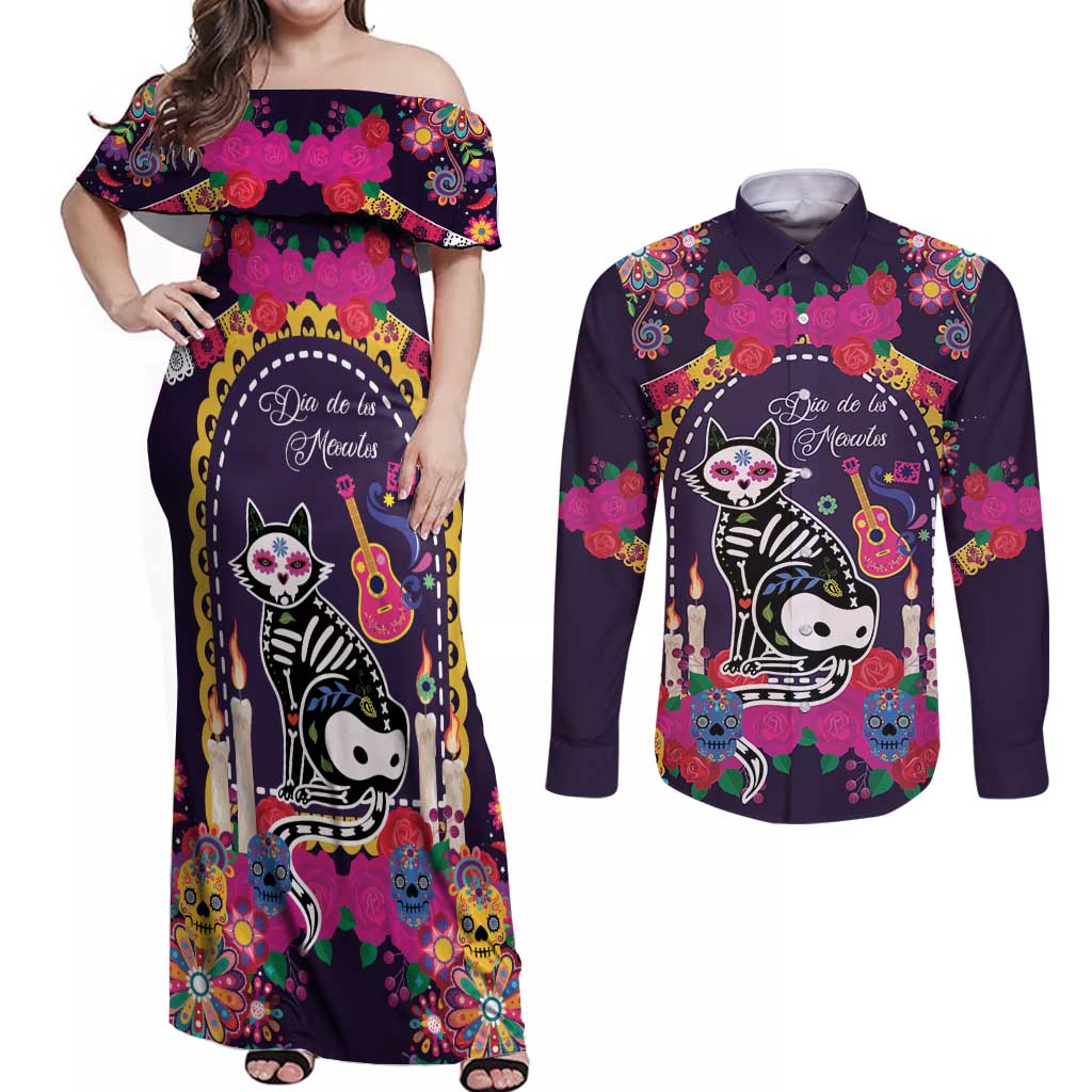 Mexico Day Of The Dead Couples Matching Off Shoulder Maxi Dress and Long Sleeve Button Shirt Cat Skeleton Dia De Los Meowtos - Wonder Print Shop
