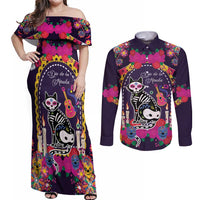 Mexico Day Of The Dead Couples Matching Off Shoulder Maxi Dress and Long Sleeve Button Shirt Cat Skeleton Dia De Los Meowtos - Wonder Print Shop