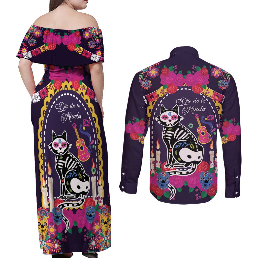 Mexico Day Of The Dead Couples Matching Off Shoulder Maxi Dress and Long Sleeve Button Shirt Cat Skeleton Dia De Los Meowtos - Wonder Print Shop