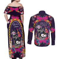 Mexico Day Of The Dead Couples Matching Off Shoulder Maxi Dress and Long Sleeve Button Shirt Cat Skeleton Dia De Los Meowtos - Wonder Print Shop