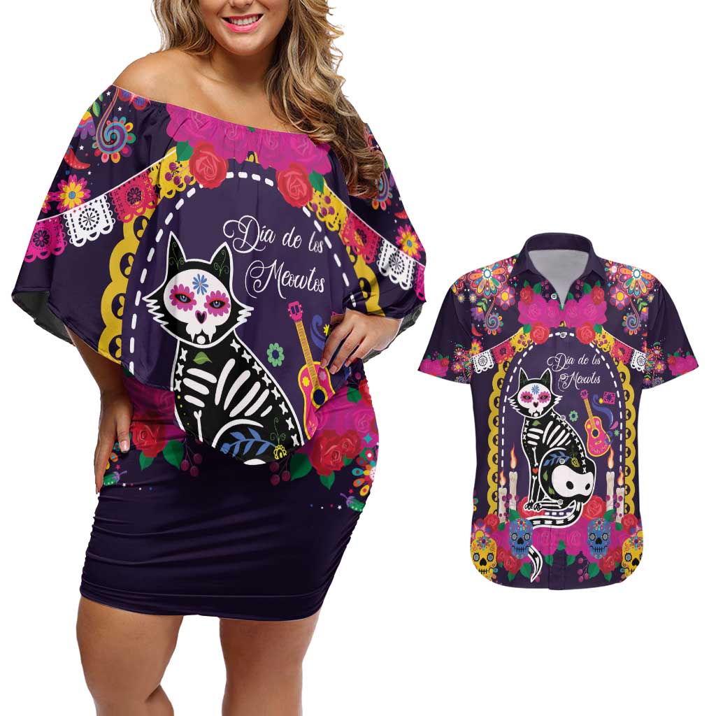 Mexico Day Of The Dead Couples Matching Off Shoulder Short Dress and Hawaiian Shirt Cat Skeleton Dia De Los Meowtos - Wonder Print Shop