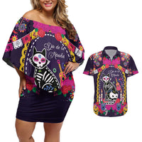 Mexico Day Of The Dead Couples Matching Off Shoulder Short Dress and Hawaiian Shirt Cat Skeleton Dia De Los Meowtos - Wonder Print Shop