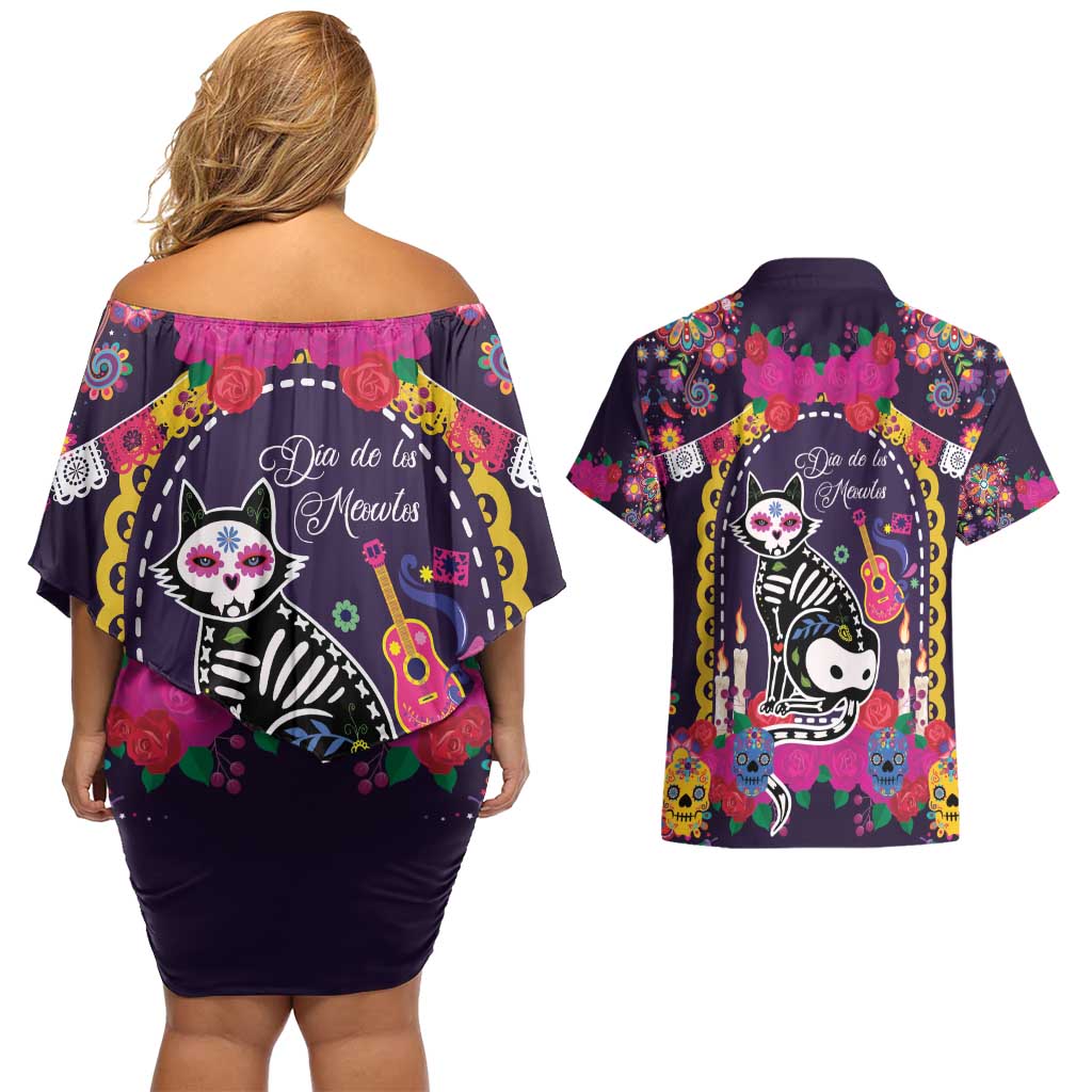 Mexico Day Of The Dead Couples Matching Off Shoulder Short Dress and Hawaiian Shirt Cat Skeleton Dia De Los Meowtos - Wonder Print Shop