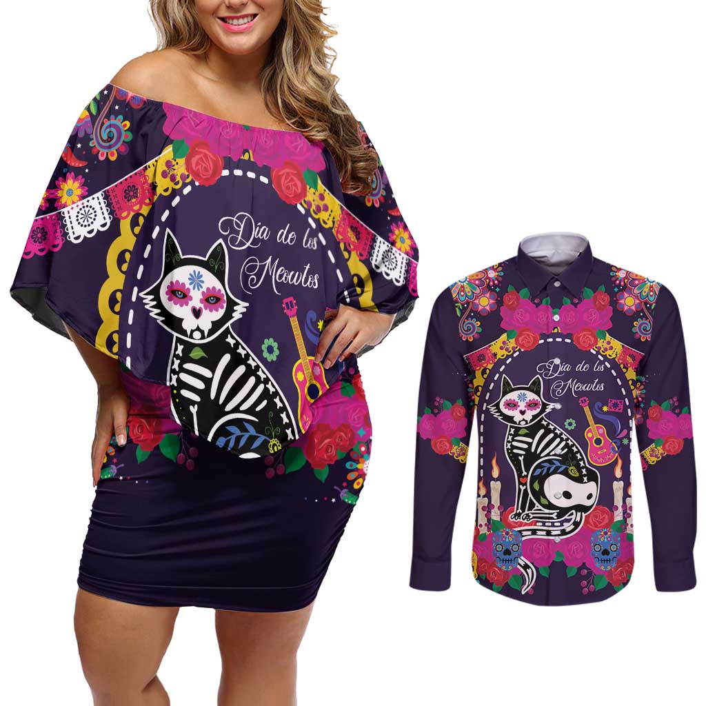 Mexico Day Of The Dead Couples Matching Off Shoulder Short Dress and Long Sleeve Button Shirt Cat Skeleton Dia De Los Meowtos - Wonder Print Shop