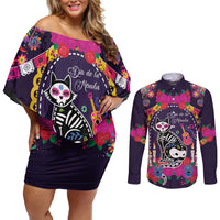 Mexico Day Of The Dead Couples Matching Off Shoulder Short Dress and Long Sleeve Button Shirt Cat Skeleton Dia De Los Meowtos - Wonder Print Shop