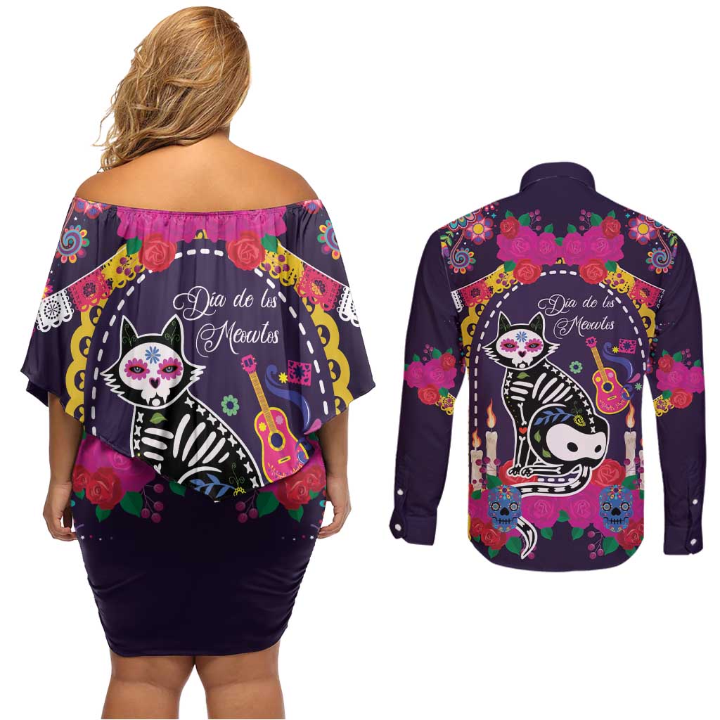 Mexico Day Of The Dead Couples Matching Off Shoulder Short Dress and Long Sleeve Button Shirt Cat Skeleton Dia De Los Meowtos - Wonder Print Shop