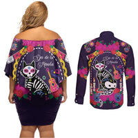 Mexico Day Of The Dead Couples Matching Off Shoulder Short Dress and Long Sleeve Button Shirt Cat Skeleton Dia De Los Meowtos - Wonder Print Shop