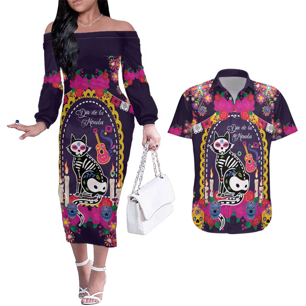 Mexico Day Of The Dead Couples Matching Off The Shoulder Long Sleeve Dress and Hawaiian Shirt Cat Skeleton Dia De Los Meowtos - Wonder Print Shop