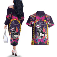 Mexico Day Of The Dead Couples Matching Off The Shoulder Long Sleeve Dress and Hawaiian Shirt Cat Skeleton Dia De Los Meowtos - Wonder Print Shop