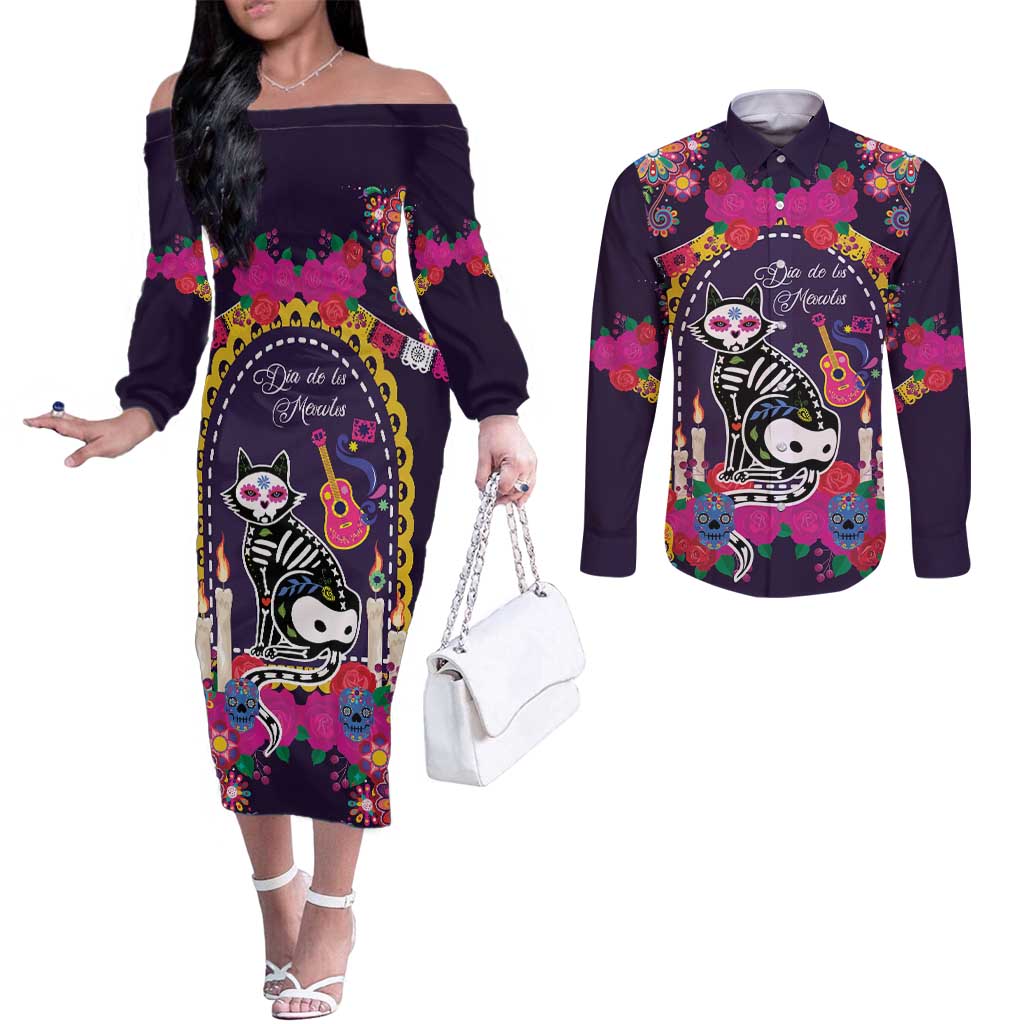 Mexico Day Of The Dead Couples Matching Off The Shoulder Long Sleeve Dress and Long Sleeve Button Shirt Cat Skeleton Dia De Los Meowtos - Wonder Print Shop