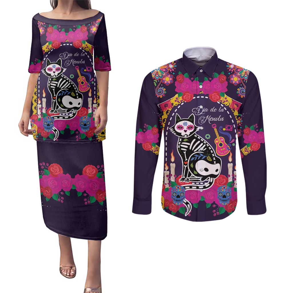 Mexico Day Of The Dead Couples Matching Puletasi and Long Sleeve Button Shirt Cat Skeleton Dia De Los Meowtos - Wonder Print Shop