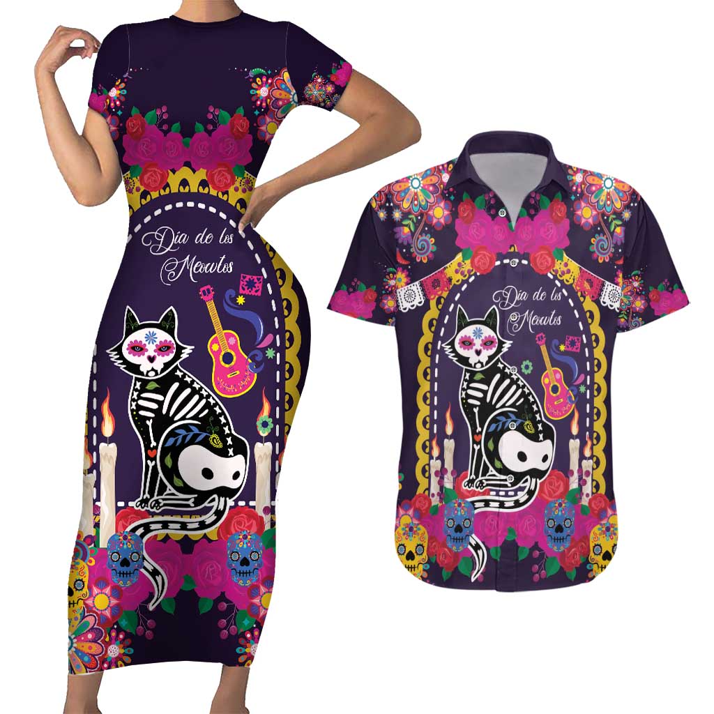 Mexico Day Of The Dead Couples Matching Short Sleeve Bodycon Dress and Hawaiian Shirt Cat Skeleton Dia De Los Meowtos - Wonder Print Shop