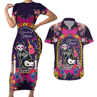 Mexico Day Of The Dead Couples Matching Short Sleeve Bodycon Dress and Hawaiian Shirt Cat Skeleton Dia De Los Meowtos - Wonder Print Shop