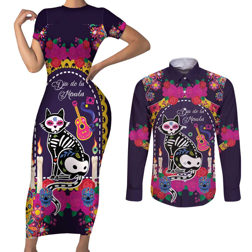 Mexico Day Of The Dead Couples Matching Short Sleeve Bodycon Dress and Long Sleeve Button Shirt Cat Skeleton Dia De Los Meowtos - Wonder Print Shop