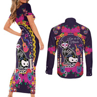 Mexico Day Of The Dead Couples Matching Short Sleeve Bodycon Dress and Long Sleeve Button Shirt Cat Skeleton Dia De Los Meowtos - Wonder Print Shop
