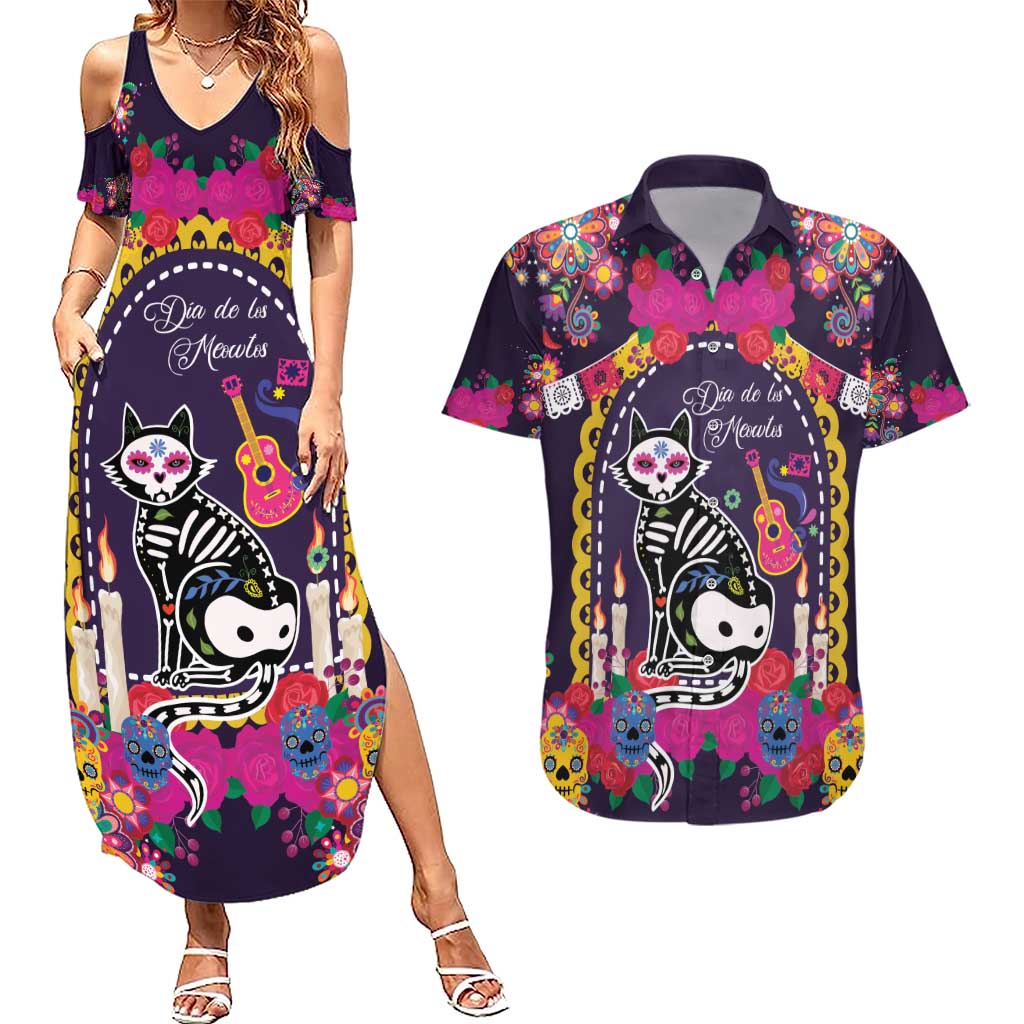 Mexico Day Of The Dead Couples Matching Summer Maxi Dress and Hawaiian Shirt Cat Skeleton Dia De Los Meowtos - Wonder Print Shop