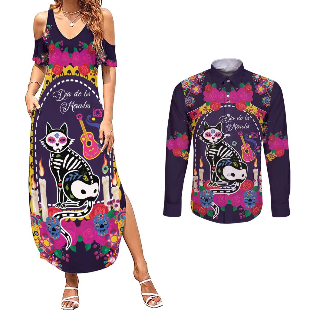 Mexico Day Of The Dead Couples Matching Summer Maxi Dress and Long Sleeve Button Shirt Cat Skeleton Dia De Los Meowtos - Wonder Print Shop