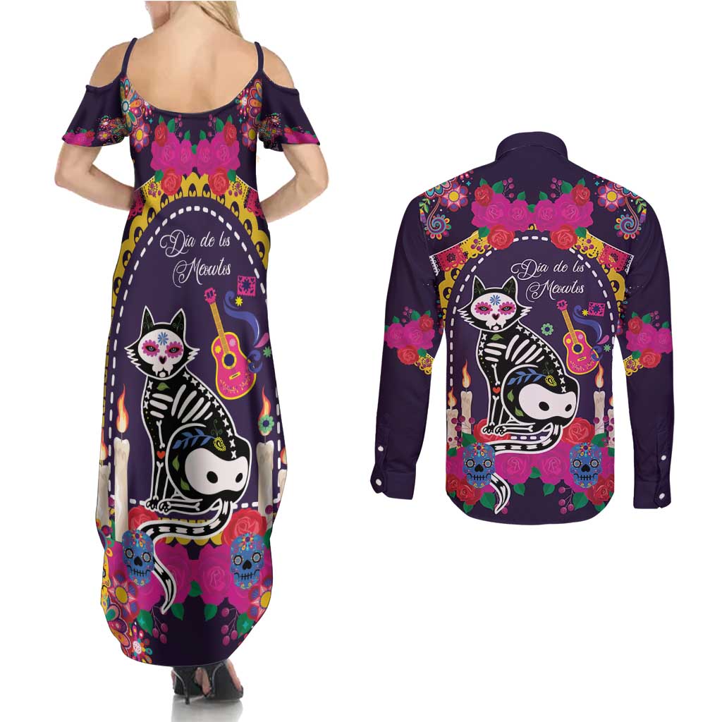 Mexico Day Of The Dead Couples Matching Summer Maxi Dress and Long Sleeve Button Shirt Cat Skeleton Dia De Los Meowtos - Wonder Print Shop