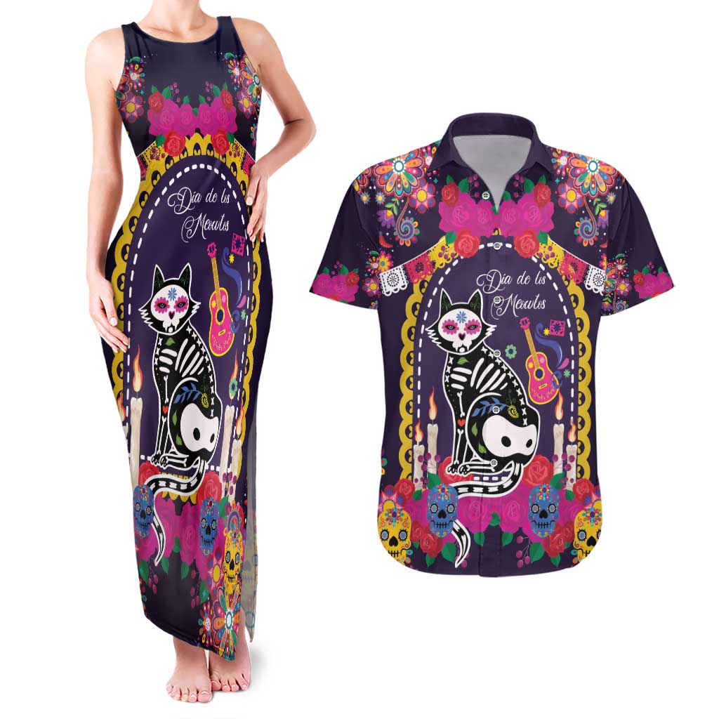 Mexico Day Of The Dead Couples Matching Tank Maxi Dress and Hawaiian Shirt Cat Skeleton Dia De Los Meowtos - Wonder Print Shop