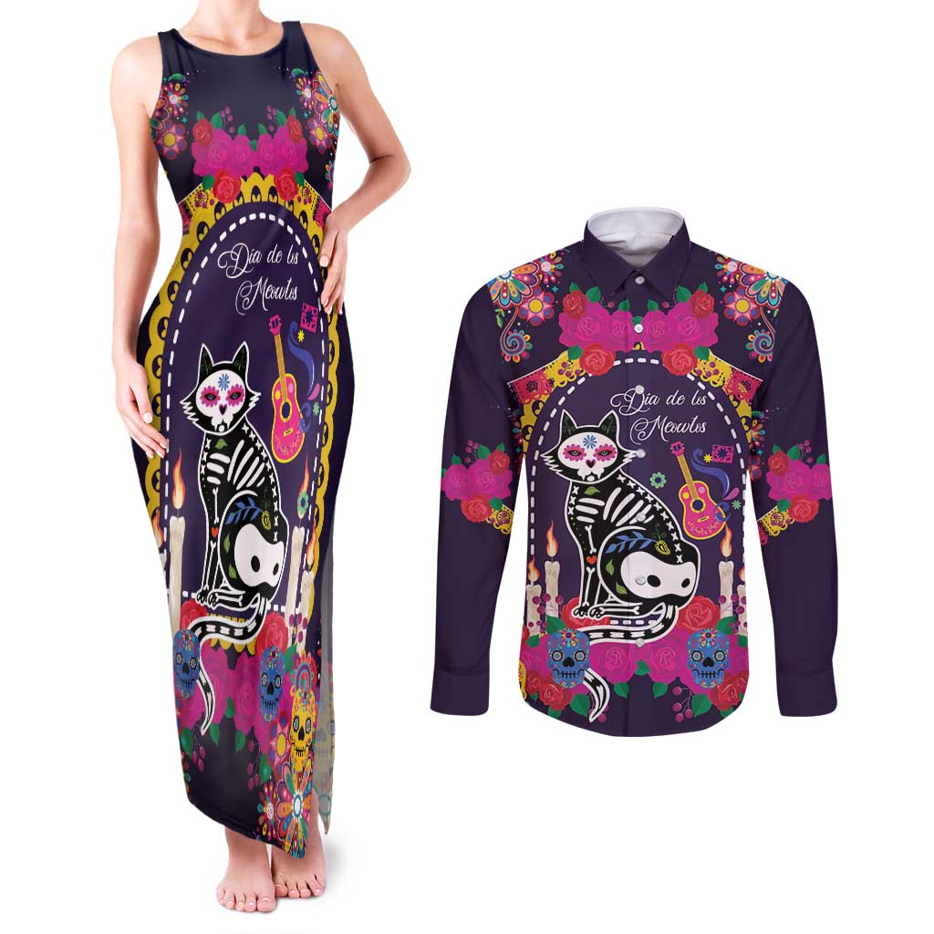 Mexico Day Of The Dead Couples Matching Tank Maxi Dress and Long Sleeve Button Shirt Cat Skeleton Dia De Los Meowtos - Wonder Print Shop
