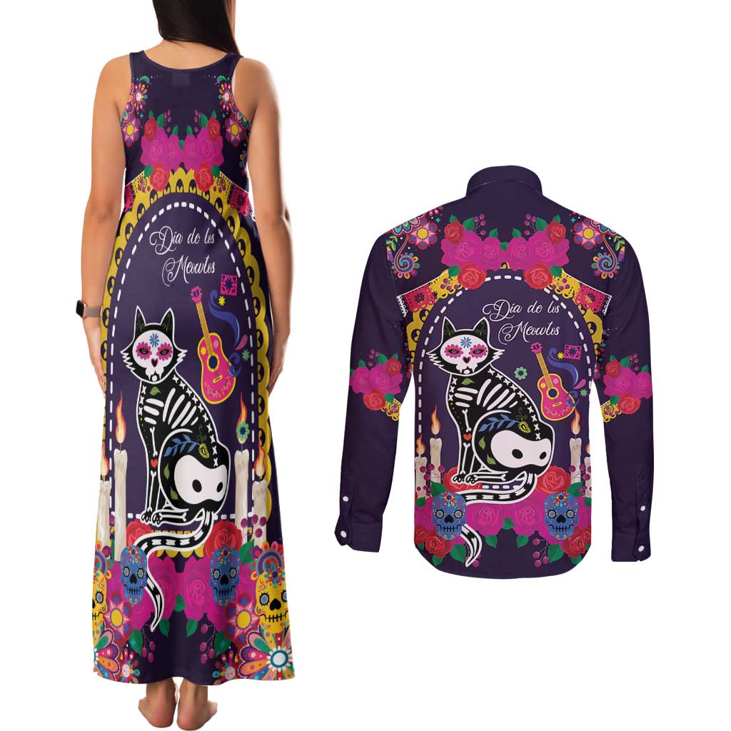 Mexico Day Of The Dead Couples Matching Tank Maxi Dress and Long Sleeve Button Shirt Cat Skeleton Dia De Los Meowtos - Wonder Print Shop