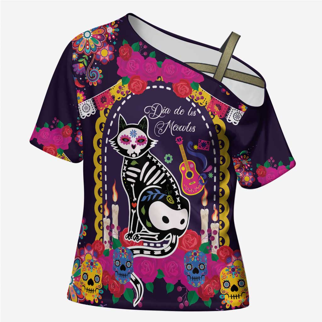 Mexico Day Of The Dead Cross Shoulder Shirt Cat Skeleton Dia De Los Meowtos - Wonder Print Shop