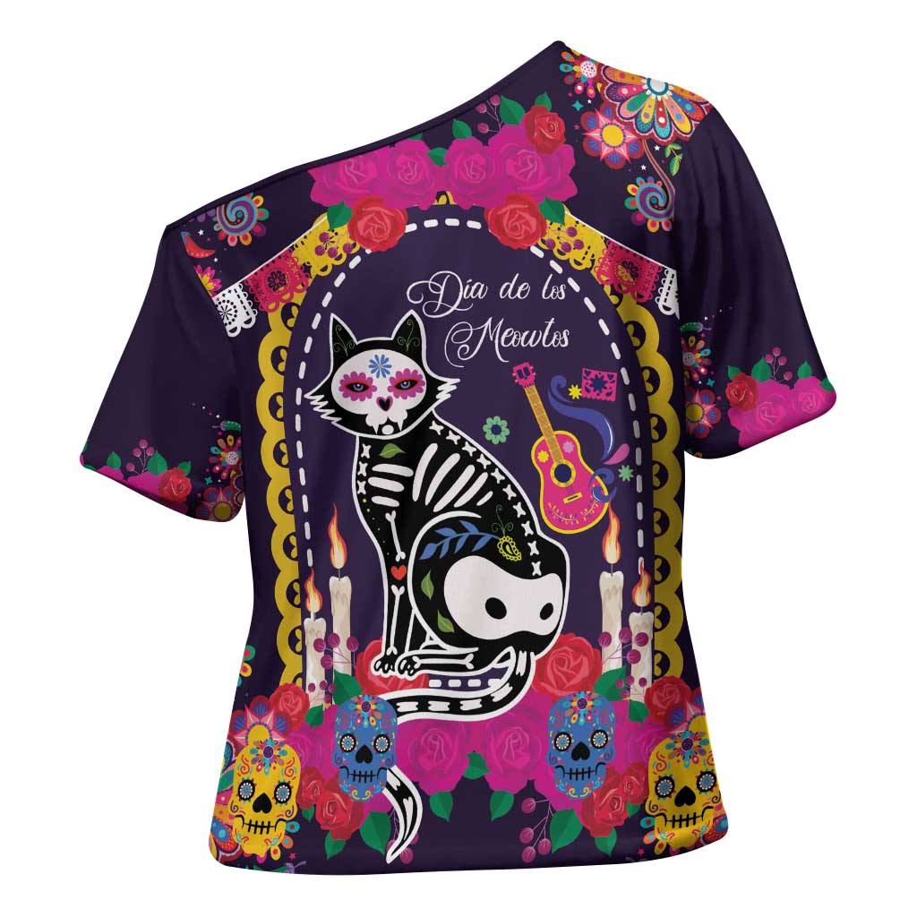 Mexico Day Of The Dead Cross Shoulder Shirt Cat Skeleton Dia De Los Meowtos - Wonder Print Shop
