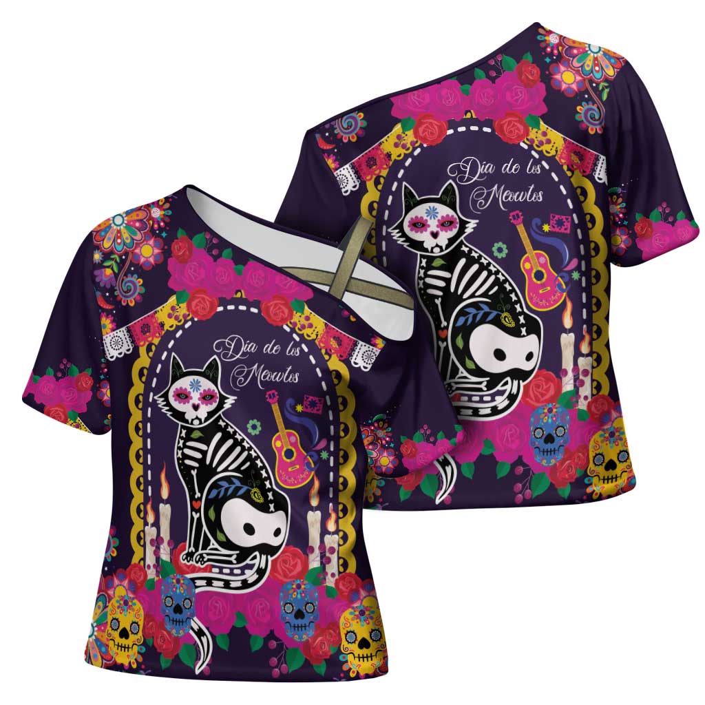 Mexico Day Of The Dead Cross Shoulder Shirt Cat Skeleton Dia De Los Meowtos - Wonder Print Shop