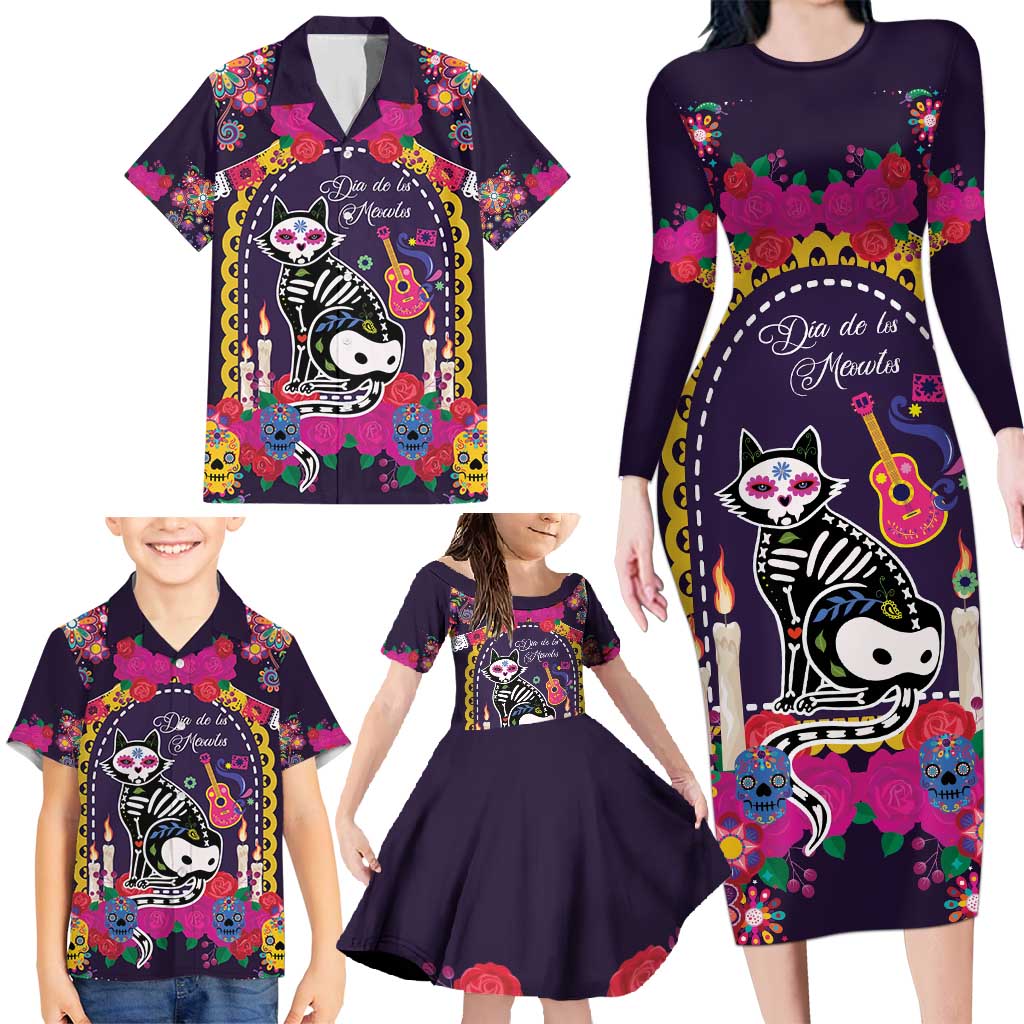 Mexico Day Of The Dead Family Matching Long Sleeve Bodycon Dress and Hawaiian Shirt Cat Skeleton Dia De Los Meowtos - Wonder Print Shop