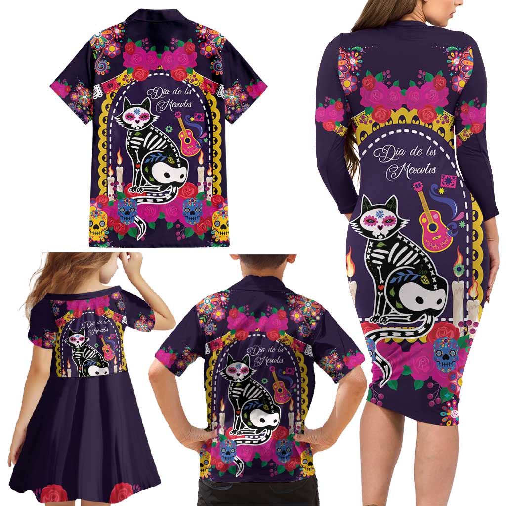 Mexico Day Of The Dead Family Matching Long Sleeve Bodycon Dress and Hawaiian Shirt Cat Skeleton Dia De Los Meowtos - Wonder Print Shop