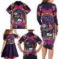 Mexico Day Of The Dead Family Matching Long Sleeve Bodycon Dress and Hawaiian Shirt Cat Skeleton Dia De Los Meowtos - Wonder Print Shop