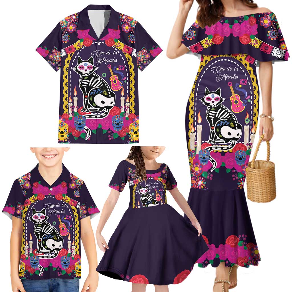 Mexico Day Of The Dead Family Matching Mermaid Dress and Hawaiian Shirt Cat Skeleton Dia De Los Meowtos - Wonder Print Shop