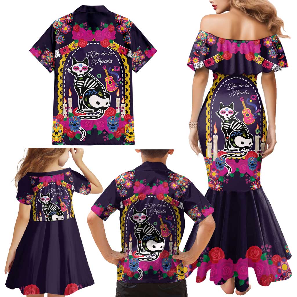Mexico Day Of The Dead Family Matching Mermaid Dress and Hawaiian Shirt Cat Skeleton Dia De Los Meowtos - Wonder Print Shop