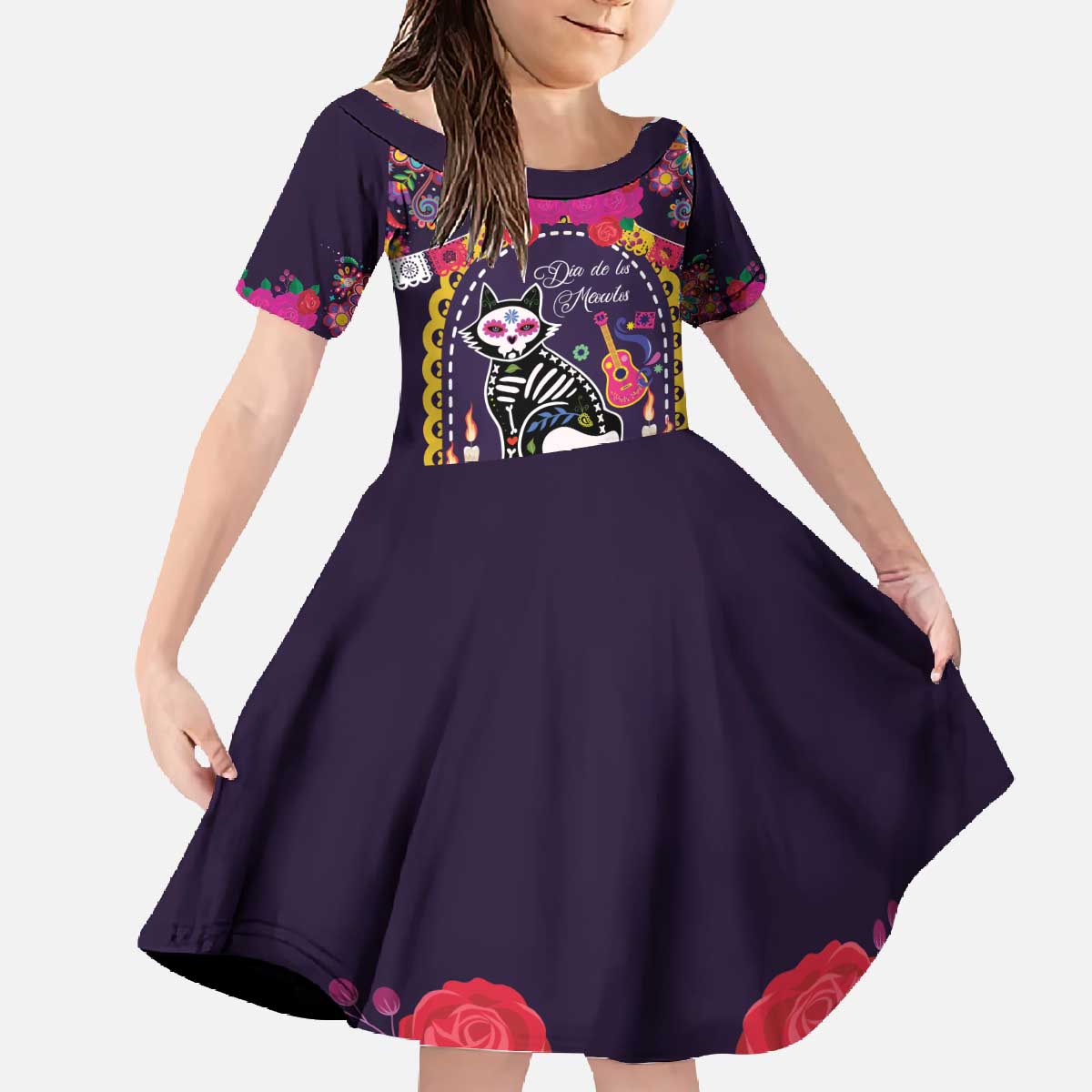 Mexico Day Of The Dead Family Matching Off The Shoulder Long Sleeve Dress and Hawaiian Shirt Cat Skeleton Dia De Los Meowtos - Wonder Print Shop