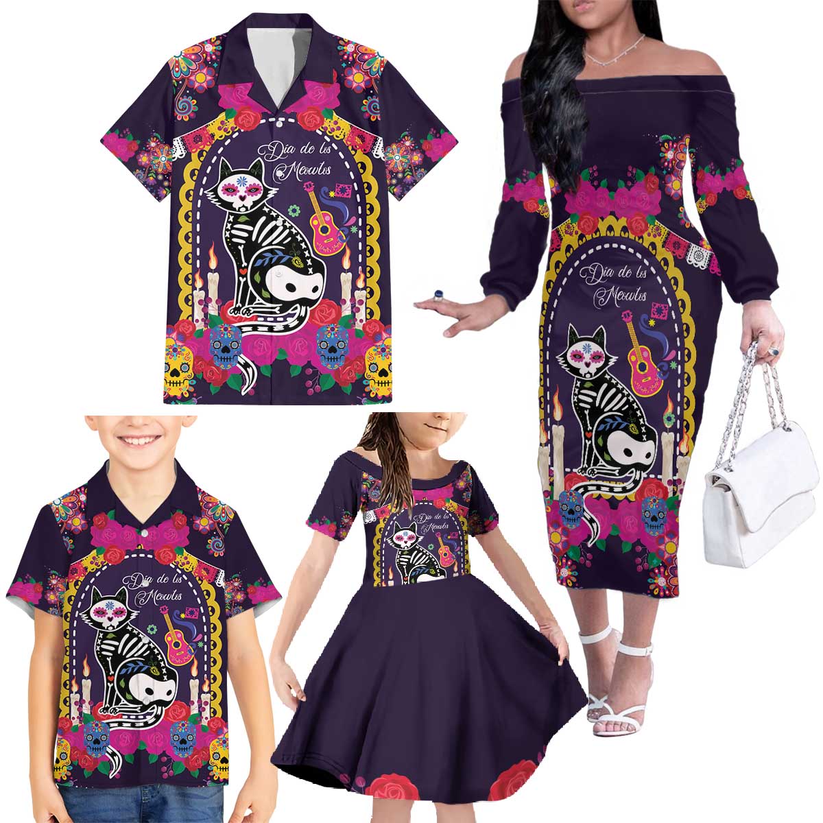 Mexico Day Of The Dead Family Matching Off The Shoulder Long Sleeve Dress and Hawaiian Shirt Cat Skeleton Dia De Los Meowtos - Wonder Print Shop