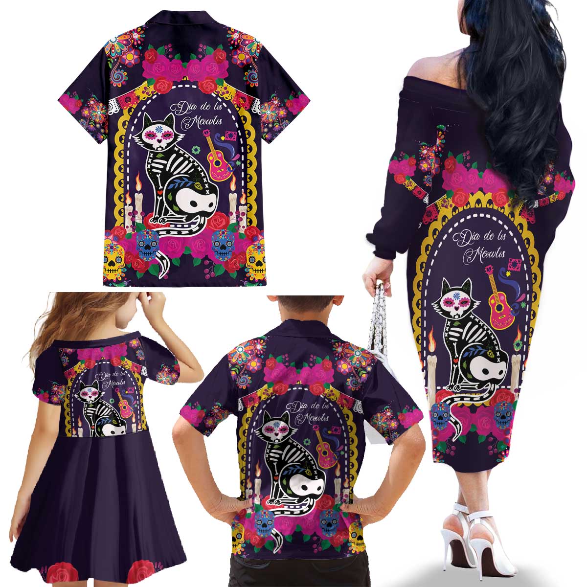 Mexico Day Of The Dead Family Matching Off The Shoulder Long Sleeve Dress and Hawaiian Shirt Cat Skeleton Dia De Los Meowtos - Wonder Print Shop