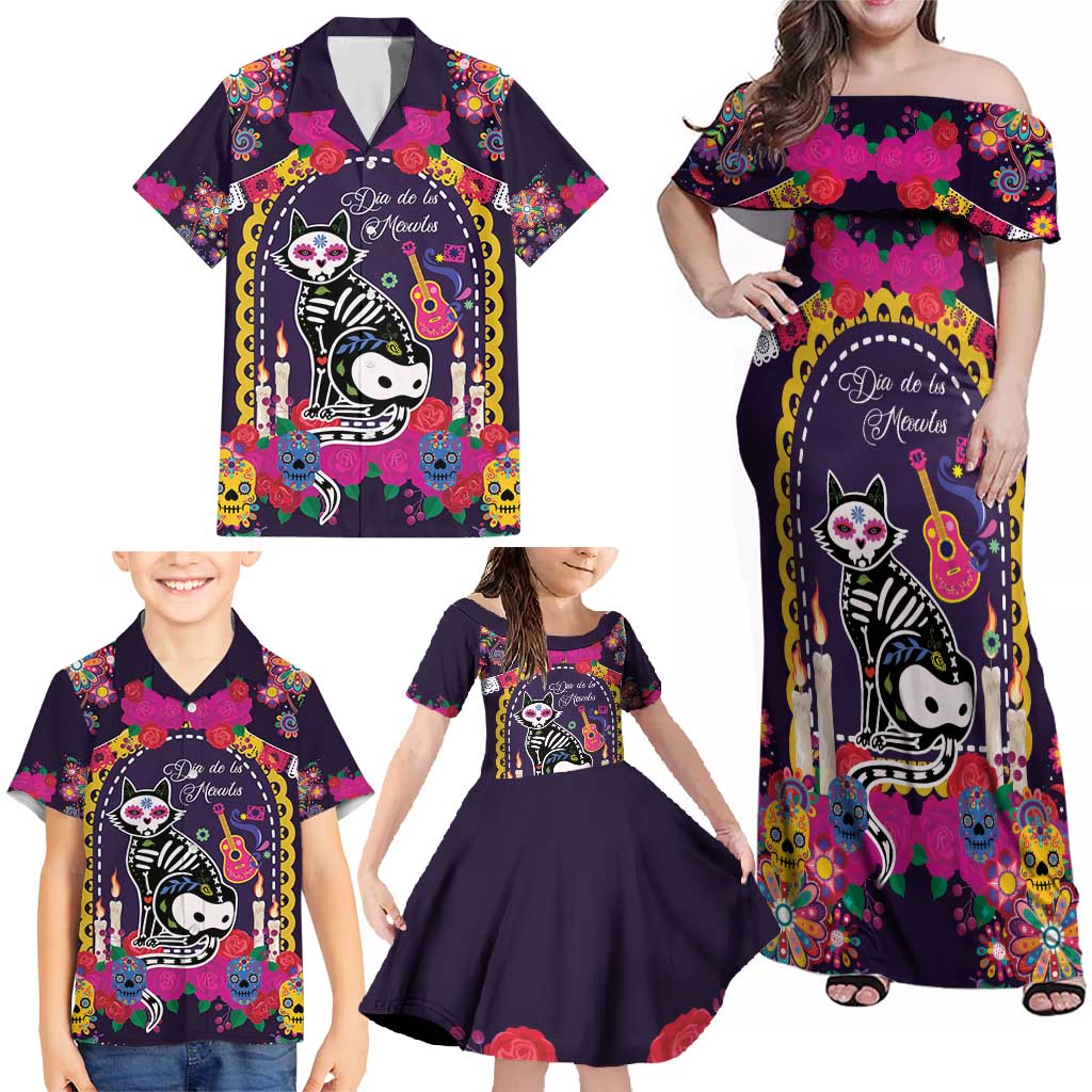 Mexico Day Of The Dead Family Matching Off Shoulder Maxi Dress and Hawaiian Shirt Cat Skeleton Dia De Los Meowtos - Wonder Print Shop