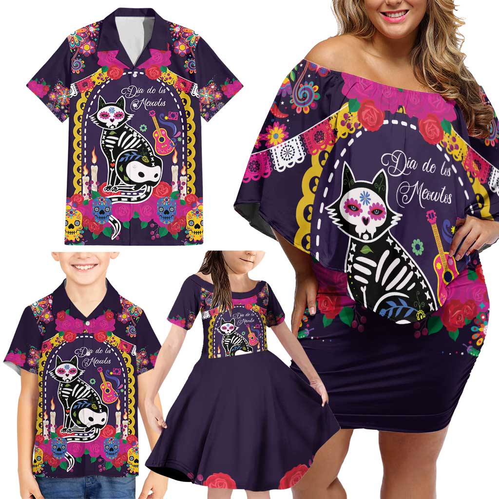Mexico Day Of The Dead Family Matching Off Shoulder Short Dress and Hawaiian Shirt Cat Skeleton Dia De Los Meowtos - Wonder Print Shop