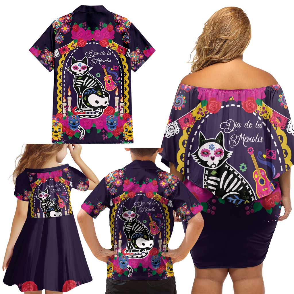 Mexico Day Of The Dead Family Matching Off Shoulder Short Dress and Hawaiian Shirt Cat Skeleton Dia De Los Meowtos - Wonder Print Shop