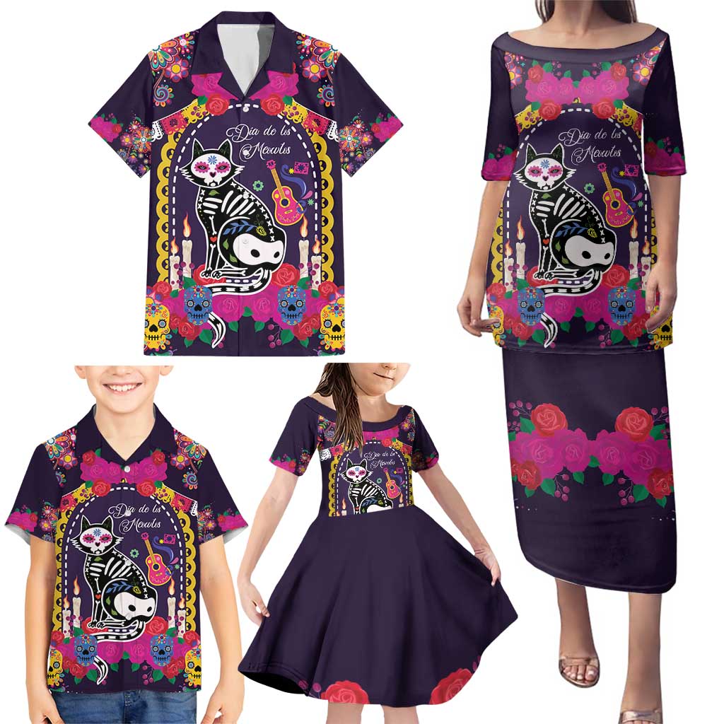 Mexico Day Of The Dead Family Matching Puletasi and Hawaiian Shirt Cat Skeleton Dia De Los Meowtos - Wonder Print Shop
