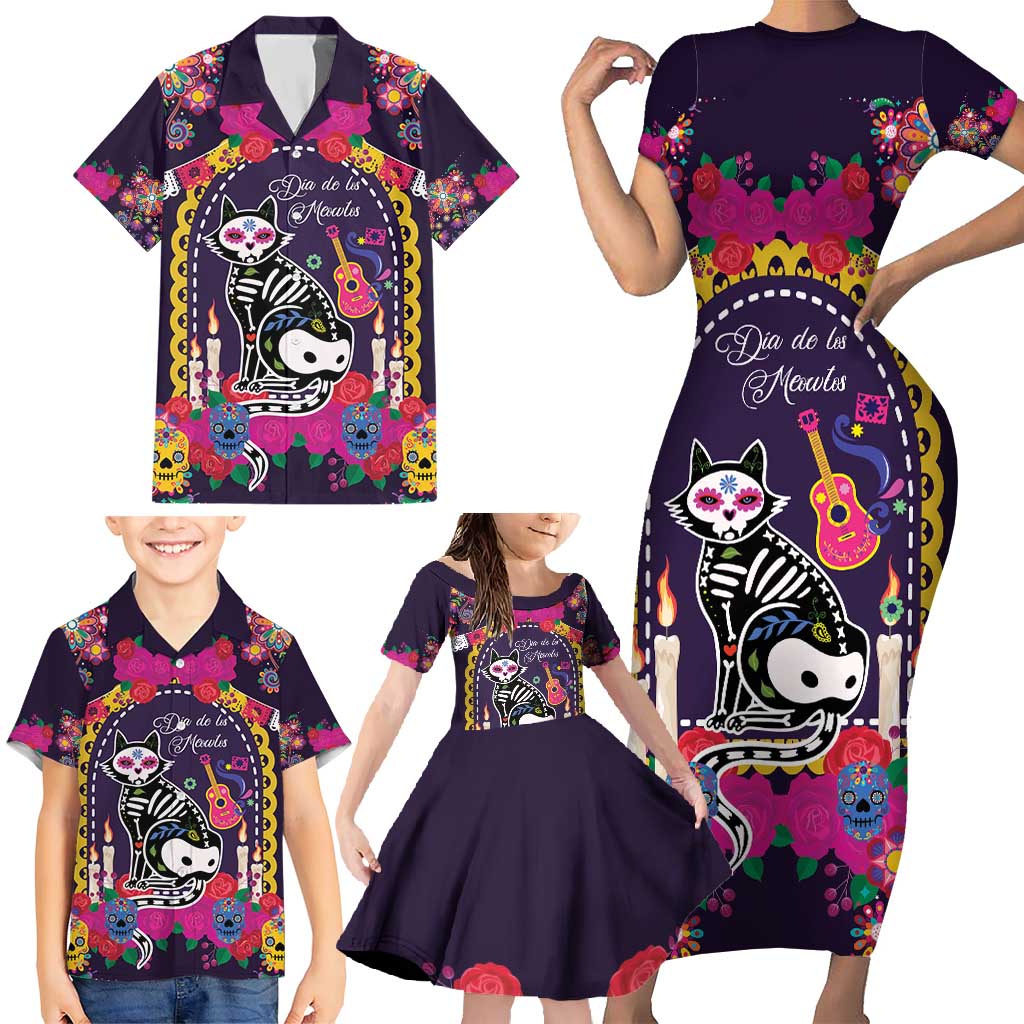 Mexico Day Of The Dead Family Matching Short Sleeve Bodycon Dress and Hawaiian Shirt Cat Skeleton Dia De Los Meowtos - Wonder Print Shop