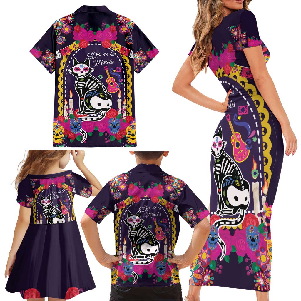 Mexico Day Of The Dead Family Matching Short Sleeve Bodycon Dress and Hawaiian Shirt Cat Skeleton Dia De Los Meowtos - Wonder Print Shop