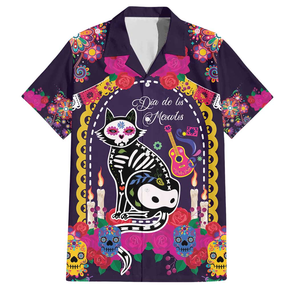 Mexico Day Of The Dead Family Matching Short Sleeve Bodycon Dress and Hawaiian Shirt Cat Skeleton Dia De Los Meowtos - Wonder Print Shop