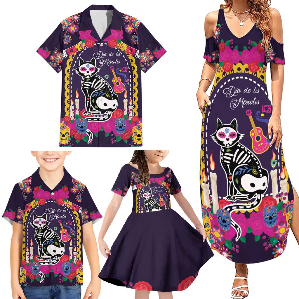 Mexico Day Of The Dead Family Matching Summer Maxi Dress and Hawaiian Shirt Cat Skeleton Dia De Los Meowtos - Wonder Print Shop