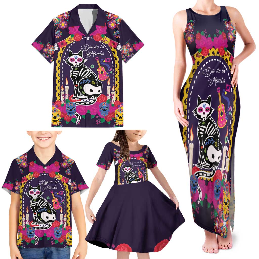 Mexico Day Of The Dead Family Matching Tank Maxi Dress and Hawaiian Shirt Cat Skeleton Dia De Los Meowtos - Wonder Print Shop