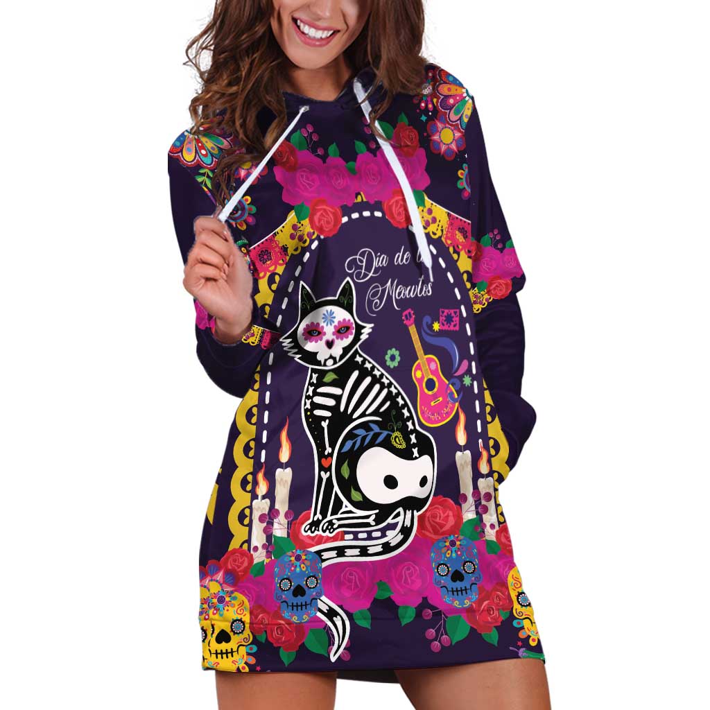 Mexico Day Of The Dead Hoodie Dress Cat Skeleton Dia De Los Meowtos - Wonder Print Shop