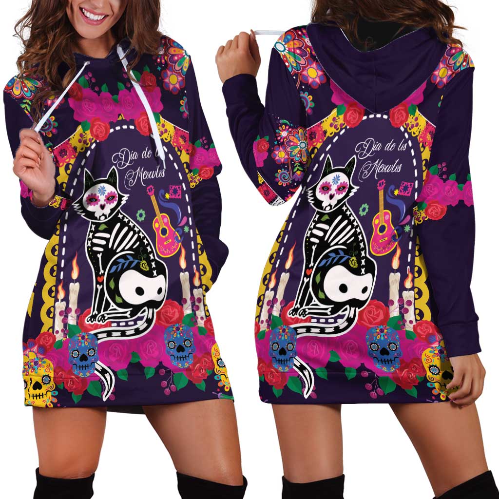 Mexico Day Of The Dead Hoodie Dress Cat Skeleton Dia De Los Meowtos - Wonder Print Shop