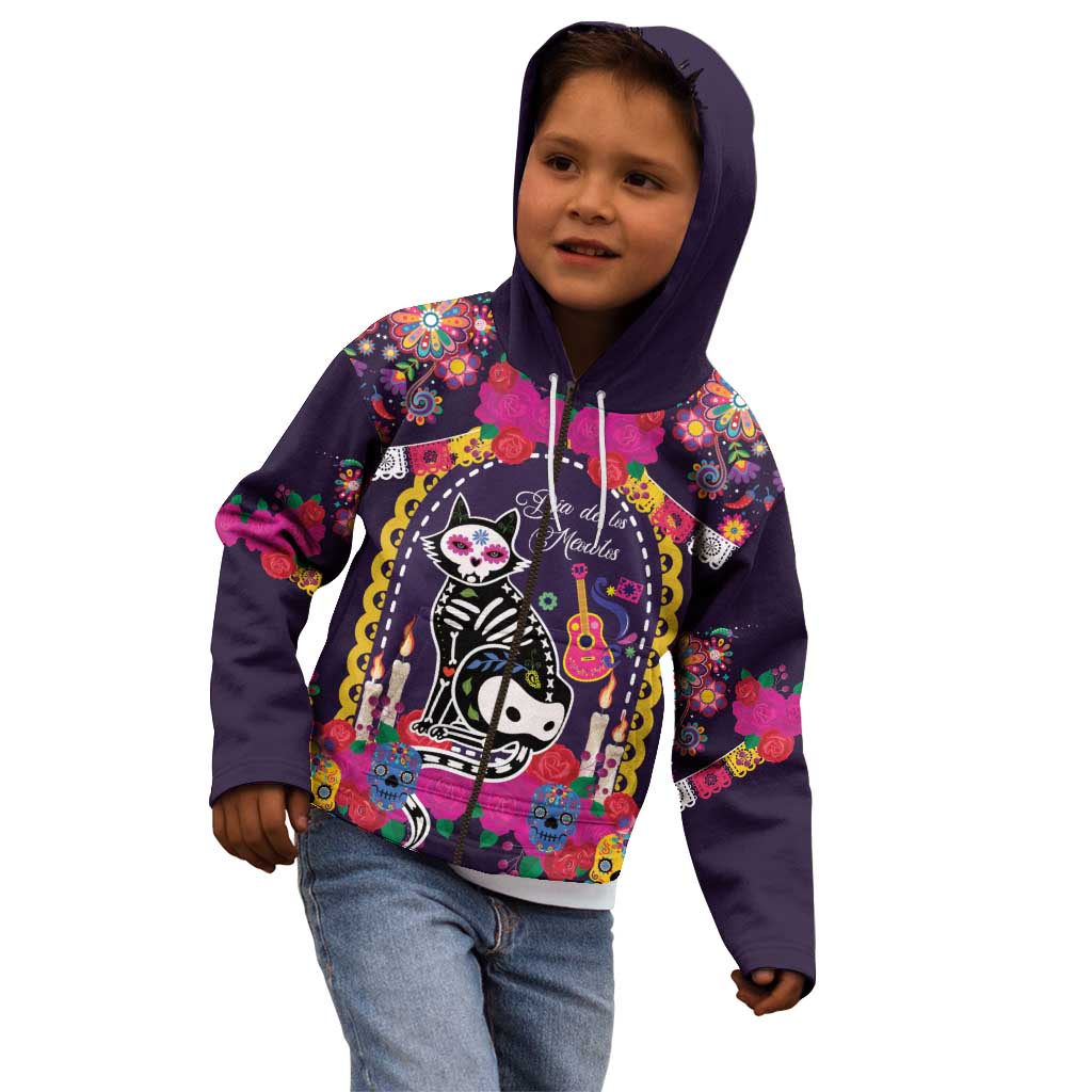 Mexico Day Of The Dead Kid Hoodie Cat Skeleton Dia De Los Meowtos - Wonder Print Shop
